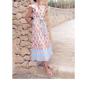 Oliphant Ruffle Maxi Dress Coral and Blue